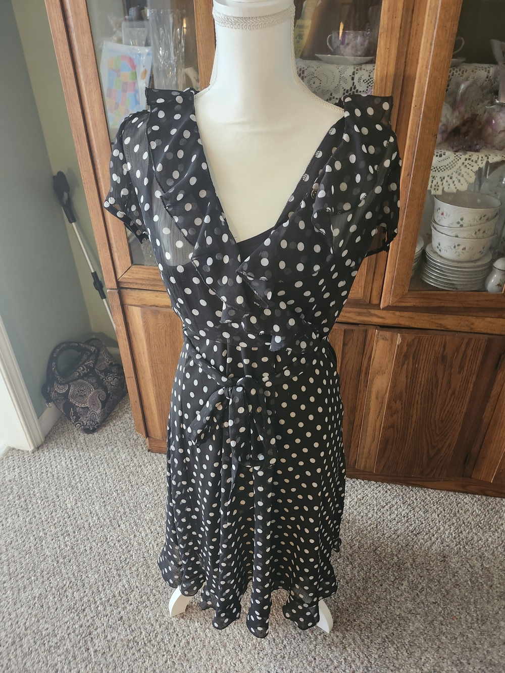 Women’s Black and White Polka Dot Ruffled Wrap Dress